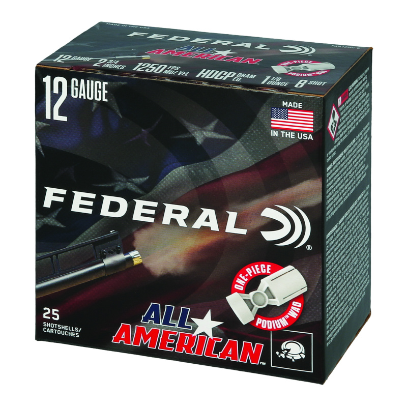 All American, 12 Gauge, 2.75", #8, 1 1/8 oz, Lead, 25 Rounds per Box FAA12HC 8