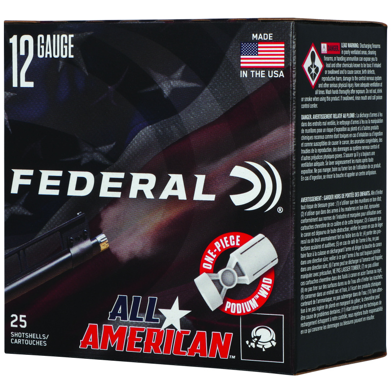 All American, 12 Gauge, 2.75", #7.5, 2.75 Dram, 1 oz, Lead, 25 Rounds per Box FAA12L1 7.5