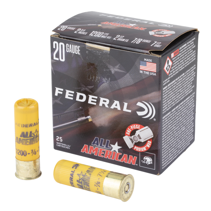 All American, 20 Gauge, 2.75", #7.5, 2.5 Dram, 7/8 oz, Lead, 25 Rounds per Box FAA20 7.5