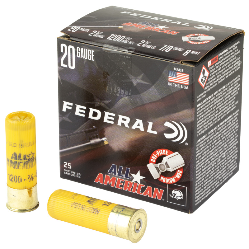 All American, 20 Gauge, 2.75", #8, 2.5 Dram, 7/8 oz, Lead, 25 Rounds per Box FAA20 8