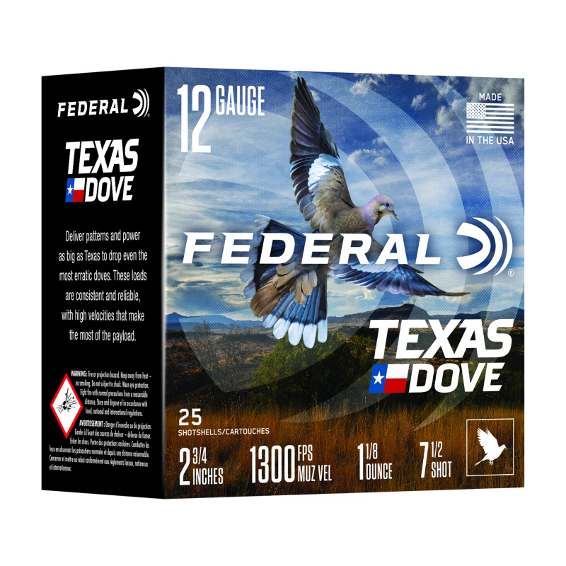 Texas Dove, 12 Gauge, 2.75", #7.5, 1 1/8oz, Shot Shell Ammunition, Lead, 25 Round Box TXD12 7.5