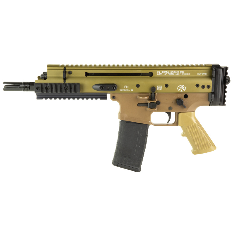 Scar 15P, Semi-automatic Pistol, 300 Blackout, 7.5" Barrel, 3 Prong Flash hider, Anodized Finish, FDE, Non Reciprocating Charging Handle, Short Stroke Gas System, Polymer Grip, Vertical Rear Picatinny Rail with Sling QD Cup, Ambidextrous Safety and Mag