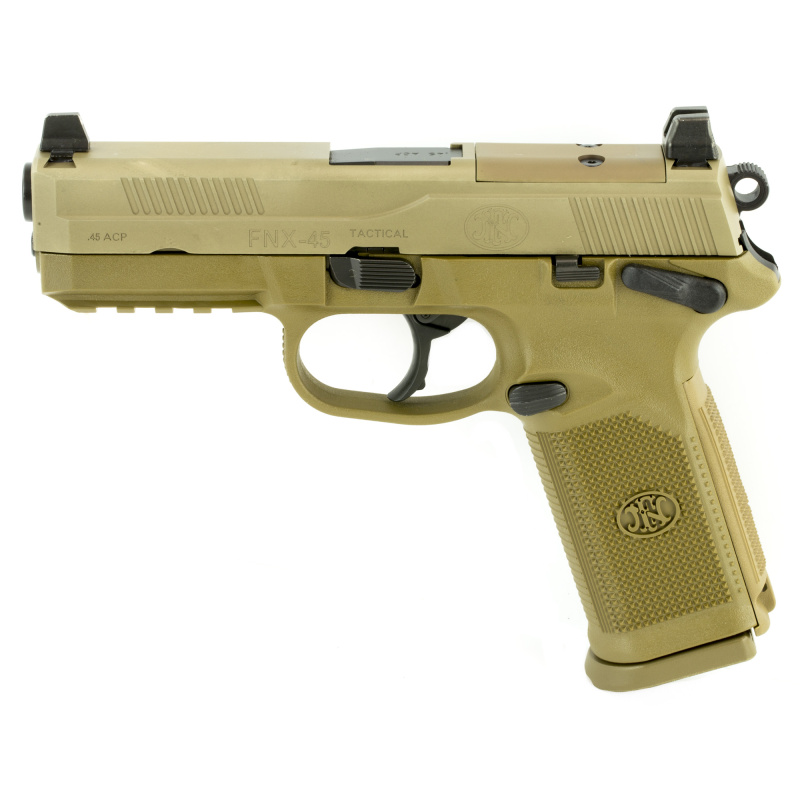 FNX-45 Tactical, DA/SA, Semi-automatic, Full Size Pistol, 45 ACP, 4.5" Barrel, Polymer Frame, Flat Dark Earth Finish, Night Sights, 10Rd, 3 Magazines, Fired Case, Manual Safety, Optics Ready, State Compliant Model 66-100223