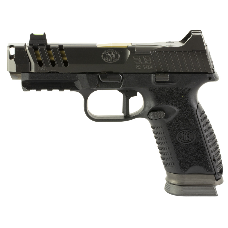 509 CC Edge XL, Striker Fired, Semi-automatic, Polymer Framed Pistol, Compact, 9MM, Gold TiN 4.2" Barrel, Quick Detach Compensator, PVD Finish, Graphite Slide, Black Frame, Flat Face Trigger, Flared Magazine Well, Fiber Optic Front Sight, 17 Rounds, 3 Ma