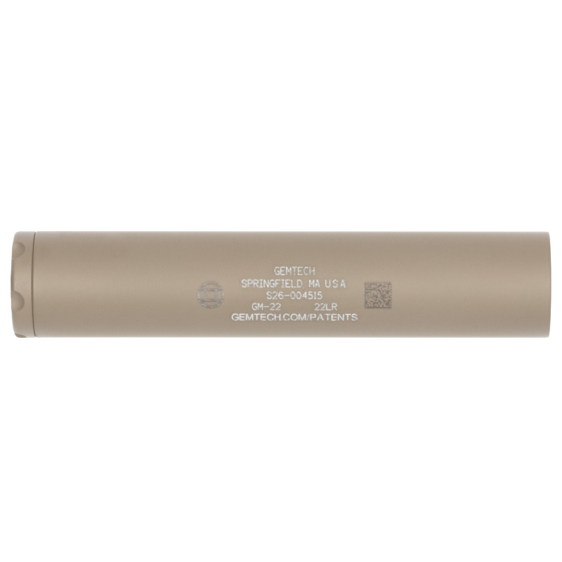 GM-22, Rimfire Suppressor, .22 LR, 5" Length, 1" Diameter, Aluminum Construction, Cerakote Finish, Flat Dark Earth, 1/2X28 Direct Thread, 2.7oz Weight 14624