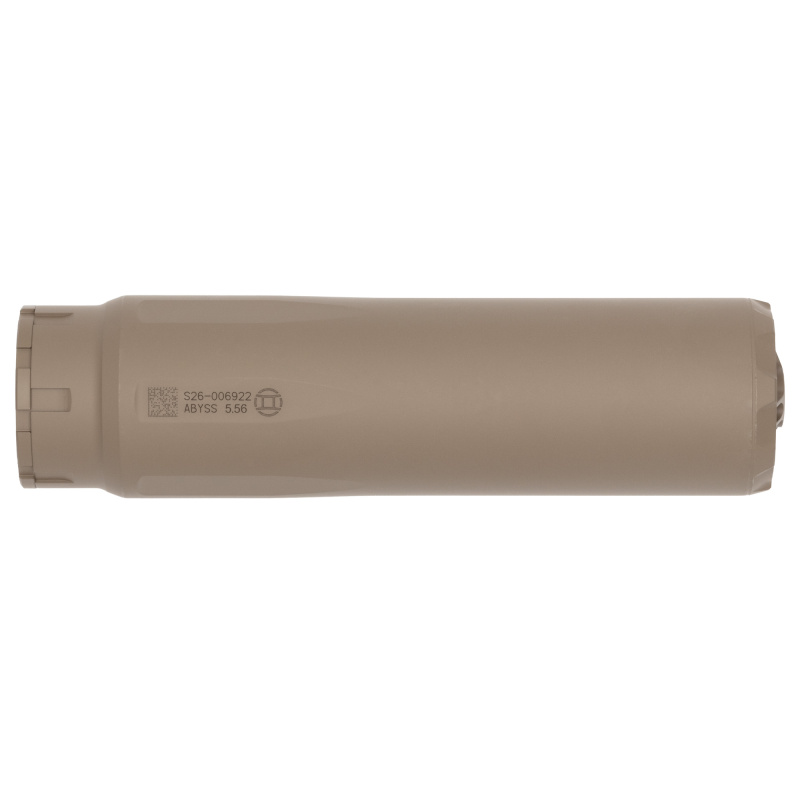 ABYSS 5.56, Suppressor, 5.56 NATO, 6.2" Length, 1.64" Diameter, Stainless Steel and Titanium Construction, Cerakote Finish, Flat Dark Earth, HUB Compatible, Includes 1/2X28 Direct Thread Mount, 16oz 14819