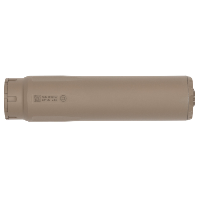 ABYSS 7.62, Suppressor, 7.62MM, 6.8" Length, 1.64"Diameter, Stainless Steel and Titanium Construction, Cerakote Finish, Flat Dark Earth, HUB Compatible, Includes 5/8X24 Direct Thread Mount, 16.2oz 14820