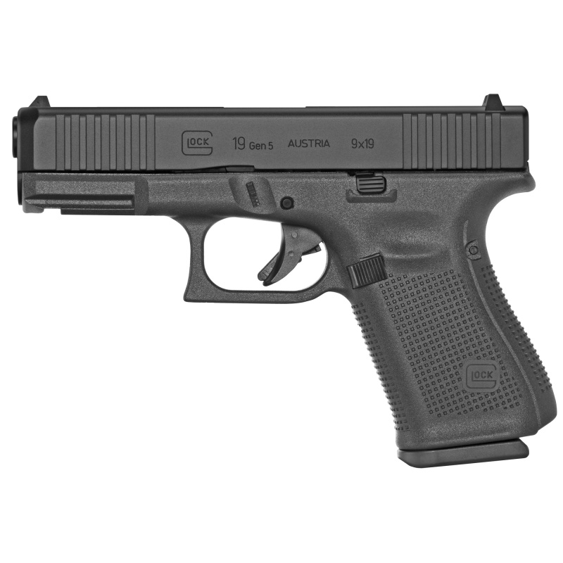 19, GEN 5, Striker Fired, Semi-automatic, Polymer Frame Pistol, Compact, 9MM, 4.02" Barrel, DLC Finish, Black, Fixed Sights, 15 Rounds, Front Serrations, Interchangeable Backstraps, 3 Magazines G19515AUT