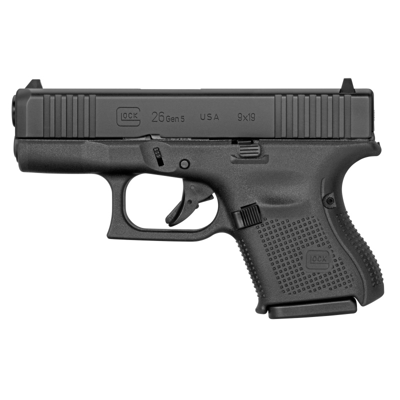 26, GEN 5, Semi-automatic, Striker Fired, Sub-Compact, 9MM, 3.43", Black, Interchangeable, 10Rd, 3 Mags, Front Serrations, Fixed Sights, Polymer, DLC G265FSUS