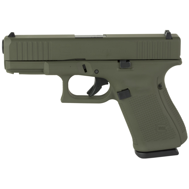 19, GEN 5, Semi-automatic, Striker Fired, Compact, 9MM, 4.02", OD Green, Interchangeable, 15 Rounds, 3 Mags, Front Serrations, Fixed Sights, Polymer, DLC PA195S204-OD