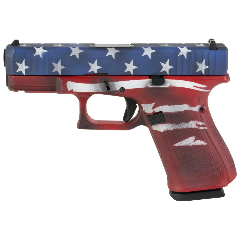 19 MOS, GEN 5, Semi-automatic, Striker Fired, Compact, 9MM, 4.02", Red, White, Blue, BattleWorn Flag, Interchangeable, 15 Rounds, 3 Mags, Fixed Sights, Polymer, DLC PA195S204MOS