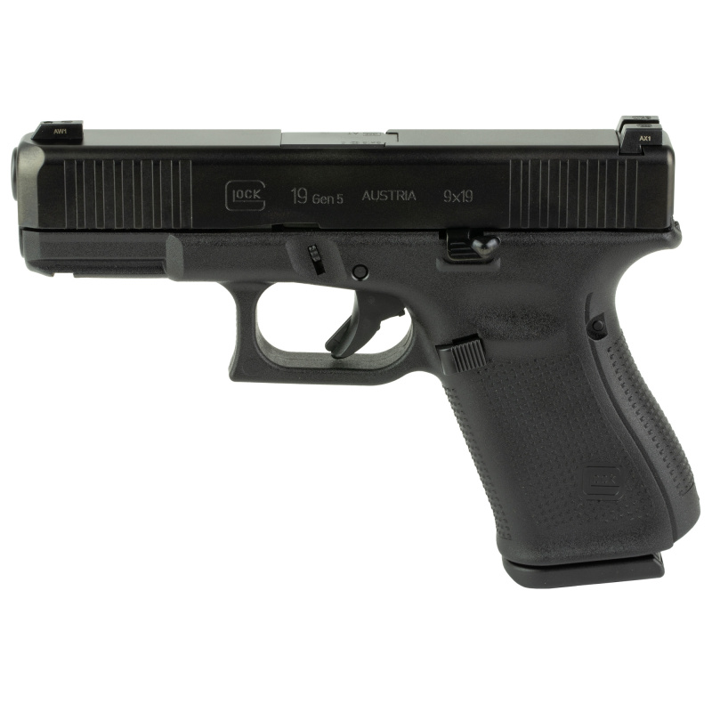 19 Gen 5, Semi-automatic, Striker Fired, Polymer Frame Pistol, Compact, 9MM, 4.02" Barrel, DLC Finish, Black, Extended Controls, Glock Night Sights, 10 Rounds, 3 Magazines PA195S731