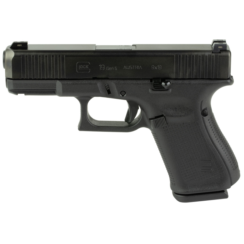19 Gen 5, Semi-automatic, Striker Fired, Polymer Frame Pistol, Compact, 9MM, 4.02" Barrel, DLC Finish, Black, Extended Controls, Glock Night Sights, 15 Rounds, 3 Magazines PA195S733