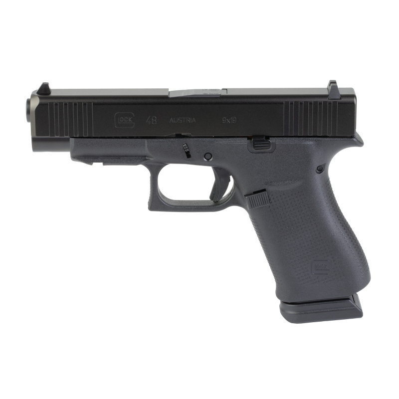 48, Striker Fired, Semi-automatic, Polymer Frame Pistol, Sub-Compact, 9MM, 4.17" Barrel, GLOCK Marksman Barrel, nDLC Finish, Black, Front Rail, No Finger Grooves, Fixed Sights, 15 Rounds, 2 Magazines PA4850203FR