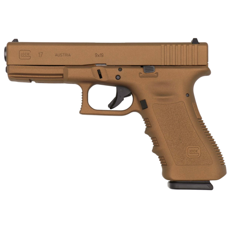 17, Semi-automatic, Safe Action, Full Size, 9MM, 4.49", Burnt Bronze, 17 Rounds, 2 Mags, Glock OEM Rail, Right Hand, Fixed Sights, Polymer, Matte PI1750204