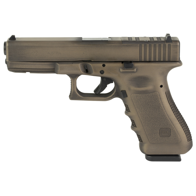 22 Gen 3, Striker Fired, Semi-automatic, Polymer Frame Pistol, Full Size, 40 S&W, 4.49" Barrel, Matte Finish, Smoked Bronze And Battle Worn, Fixed Sights, 15 Rounds, 2 Magazines, Glock OEM Rail, Optics Cut For Trijicon/Holosun, Must Use Included Screws F