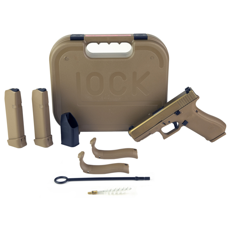 19XV, V Series, Striker Fired, Semi-automatic, Polymer Frame Pistol, Compact, 9MM, 4.02" Barrel, Glock Marksman Barrel, nPVD Finish, Coyote, No Finger Grooves, Glock Night Sights, Ambidextrous Slide Stop Lever, 3 Magazines, (2)-19 Round Magazines, (1)-17