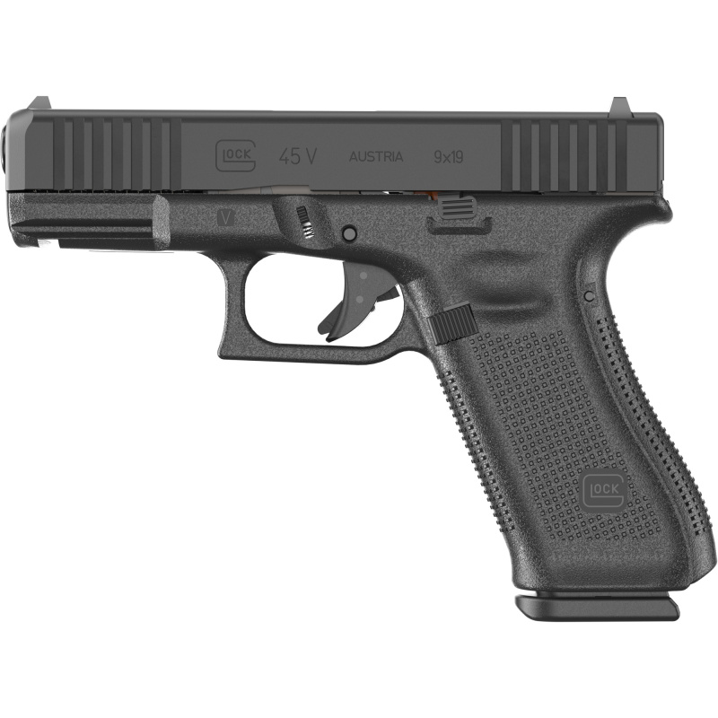 45V, V Series, Striker Fired, Semi-automatic, Polymer Frame Pistol, Compact, 9MM, 4.02" Barrel, Glock Marksman Barrel, nDLC Finish, Black, No Finger Grooves, Fixed Sights, Front Serrations, Ambidextrous Slide Stop Lever, Flared Mag Well, 17 Rounds, 3Maga