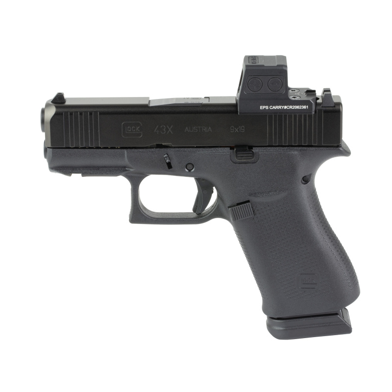 43X M.O.S., Striker Fired, Semi-automatic, Polymer Frame Pistol, Sub-Compact, 9MM, 3.41" Barrel, Glock Marksman Barrel, nDLC Finish, Black, No Finger Grooves, Fixed Sights, 15 Rounds, 2 Magazines, Includes Holosun EPS PX4350203MOSH2