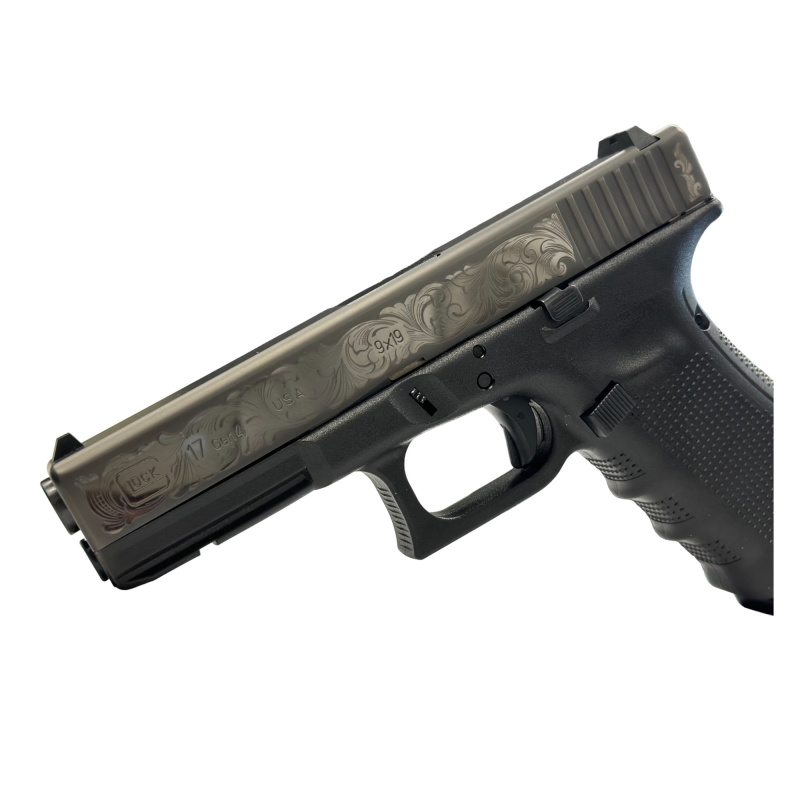 17, GEN 4, TALO Exclusive, Semi-automatic, Striker Fired, Full Size, 9MM, 4.49", Black, Interchangeable, 17 Rounds, 3 Mags, Fixed Sights, Polymer, Black DLC, Polished Armory Grade Cut Engraved Scrollwork 80577