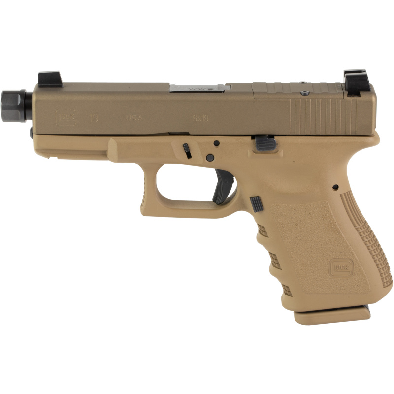 19XOR, Optic Ready, Semi-automatic, Compact Polymer Frame Pistol, Safe Action, 9MM, 4.6" Threaded Barrel, FDE Cerakote Finish, Suppressor Height Sights, Optics Ready, 15 Rounds, 2 Magazines, Matching FDE Cerakote Magazine Floor Plates, Will Only Accept T