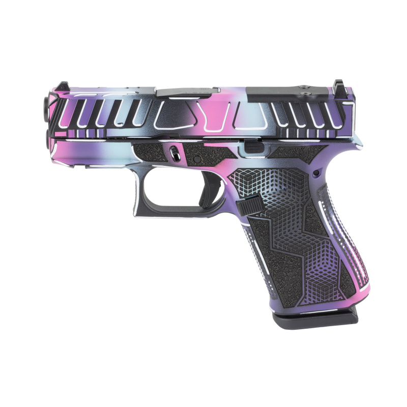 43X M.O.S., Semi-automatic, Striker Fired, Polymer Frame Pistol, Sub-Compact, 9MM, 3.41" Barrel, Custom Disco Anime Cerakote Finish by Shark Coast Tactical, Black, Cyan, Purple, Pink and White, Fixed Sights, 10 Rounds, 2 Magazines UX4350204FRADISC-SCT