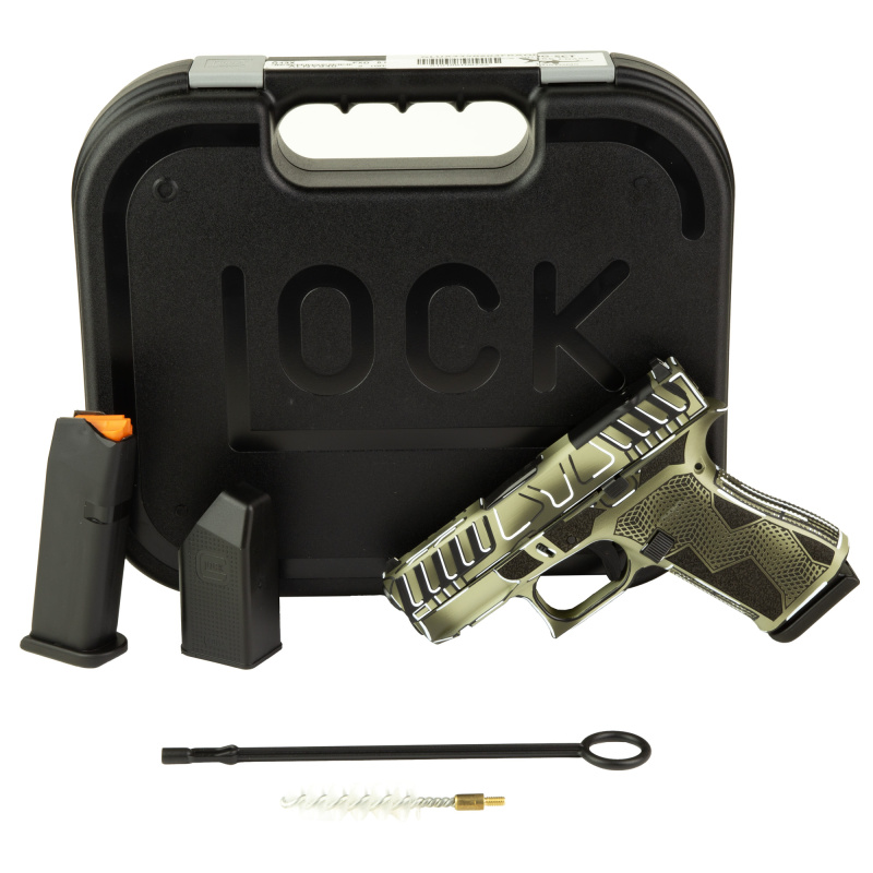 43X M.O.S., Semi-automatic, Striker Fired, Polymer Frame Pistol, Sub-Compact, 9MM, 3.41" Barrel, Custom Olive Drab Green Anime Cerakote Finish by Shark Coast Tactical, Olive Drab Green, Black and White, Fixed Sights, 10 Rounds, 2 Magazines UX4350204FRAOD