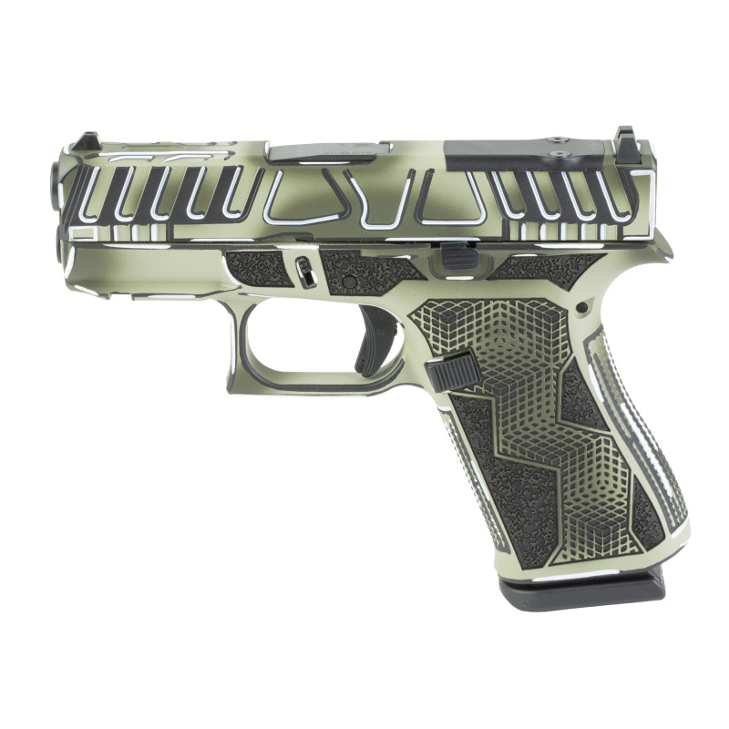 43X M.O.S., Semi-automatic, Striker Fired, Polymer Frame Pistol, Sub-Compact, 9MM, 3.41" Ported Barrel, Custom Olive Drab Green Anime Cerakote Finish by Shark Coast Tactical, Olive Drab Green, Black and White, Fixed Sights, 10 Rounds, 2 Magazines UX43502