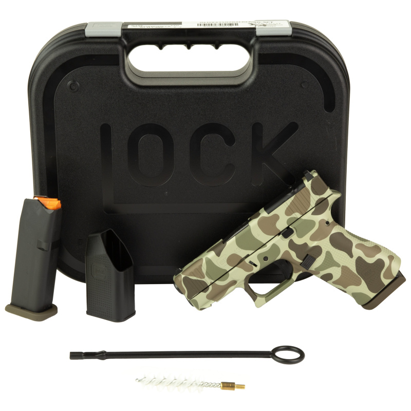 43X M.O.S., Semi-automatic, Striker Fired, Polymer Frame Pistol, Sub-Compact, 9MM, 3.41" Barrel, Custom Frog Camo Cerakote Finish by Shark Coast Tactical, Tan, Green and Brown, Fixed Sights, 10 Rounds, 2 Magazines UX4350204FRFROG-SCT