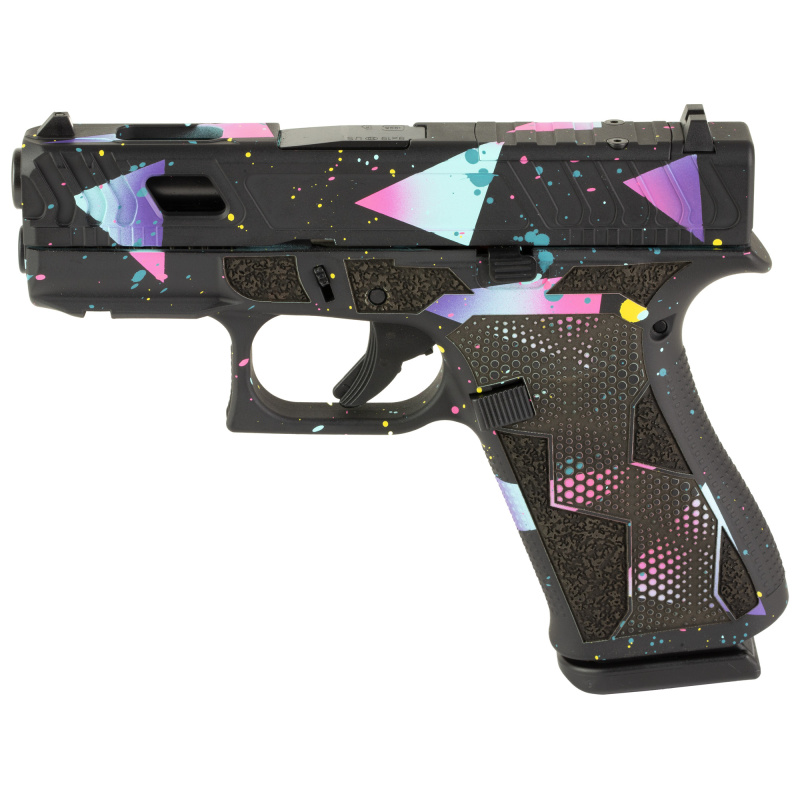 43X, Striker Fired, Semi-automatic, Polymer Frame Pistol, Sub-Compact, 9MM, 3.41" Barrel, Glock Marksman Barrel, nDLC Finish, No Finger Grooves, 10 Rounds, 2 Magazines, Black Base Finish With Cyan/Purple Cerakote, Optic Cut And Machined Slide, Laser Stip