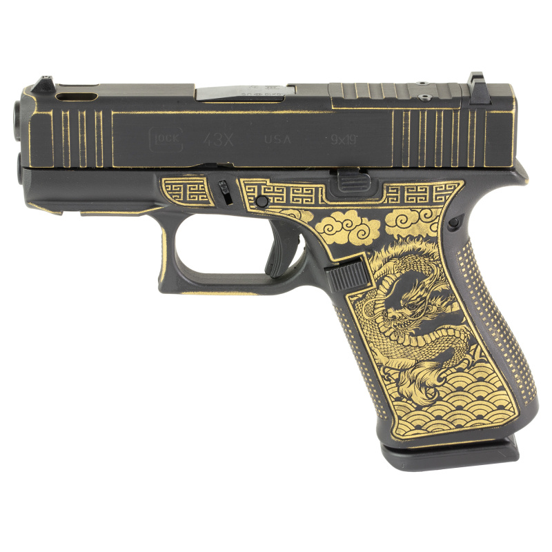 43X Compensated, Laser Engraved Dragon, Striker Fired, Semi-automatic, Polymer Frame Pistol, Sub-Compact, 9MM, 3.41" Barrel, Distressed Black and Gold Cerakote, Fixed Sights, 2 Magazines, Right Hand, Ported Slide and Barrel, Optic Cut, Static Stippling,