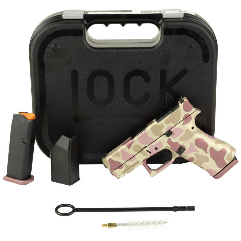43X M.O.S., Semi-automatic, Striker Fired, Polymer Frame Pistol, Sub-Compact, 9MM, 3.41" Barrel, Custom Light Duck Camo Cerakote Finish by Shark Coast Tactical, Tan, Green and Brown, Fixed Sights, 10 Rounds, 2 Magazines UX4350204FRDUCKNSSCT