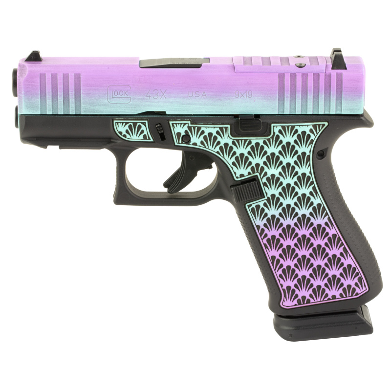 43X, Striker Fired, Semi-automatic, Polymer Frame Pistol, Sub-Compact, 9MM, 3.41" Barrel, Custom Island Bug Cerakote Finish by Shark Coast Tactical, Custom Laser Stippled Frame, Fixed Sights, 15 Rounds, 2 Magazines UX4350204NR15