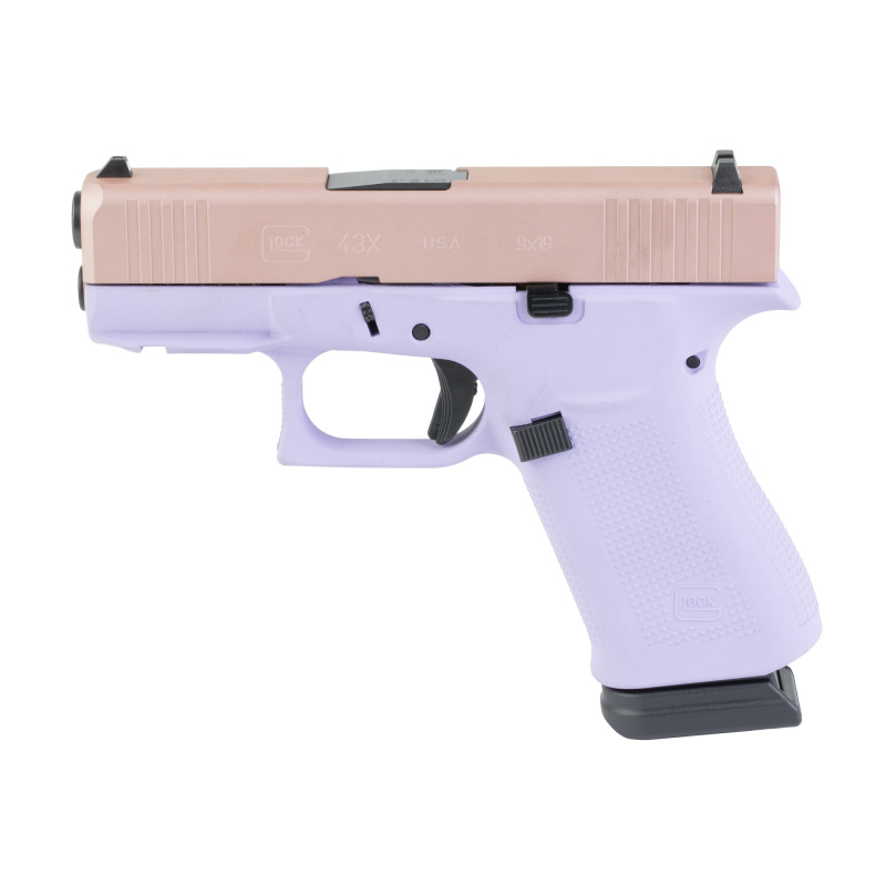 43X, Semi-automatic, Striker Fired, Polymer Frame Pistol, Sub-Compact, 9MM, 3.41" Barrel, Custom Lavender Luxe Cerakote Finish by Skydas, Rose Gold Slide and Lavender Frame, Fixed Sights, 15 Rounds, 2 Magazines UX4350204NR15
