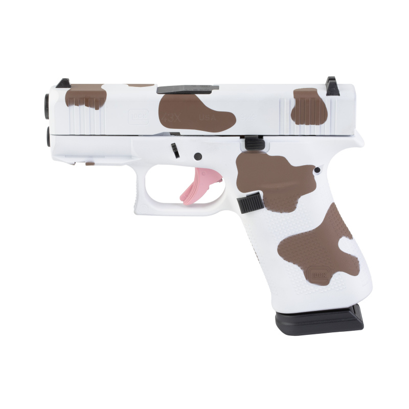 43X, Semi-automatic, Striker Fired, Polymer Frame Pistol, Sub-Compact, 9MM, 3.41" Barrel, Skydas Cerakote Finish, Custom Brown and White Cow Print, Fixed Sights, 15 Rounds, 2 Magazines UX4350204NR15