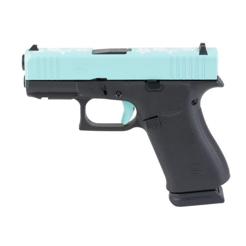 43X, Semi-automatic, Striker Fired, Polymer Frame Pistol, Sub-Compact, 9MM, 3.41" Barrel, Custom Mint Condition Cerakote Finish by Skydas, Black Frame, Soft Mint Slide, Fixed Sights, 15 Rounds, 2 Magazines UX4350204NR15