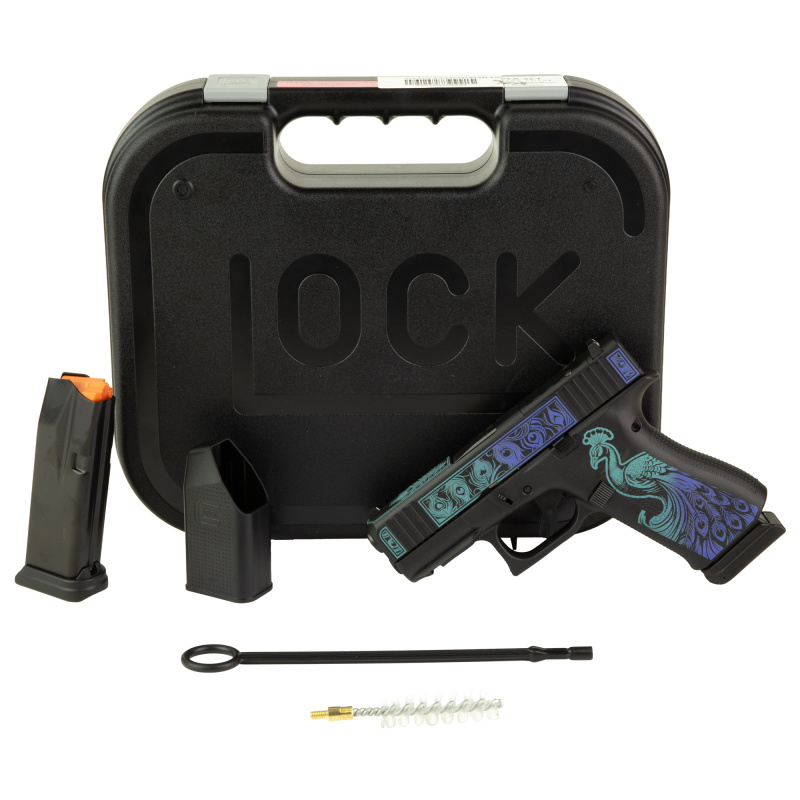 43X, Semi-automatic, Striker Fired, Polymer Frame Pistol, Sub-Compact, 9MM, 3.41" Barrel, Custom Peacock Cerakote Finish by Shark Coast Tactical, Black, Blue and Teal, Fixed Sights, 15 Rounds, 2 Magazines UX4350204NR15