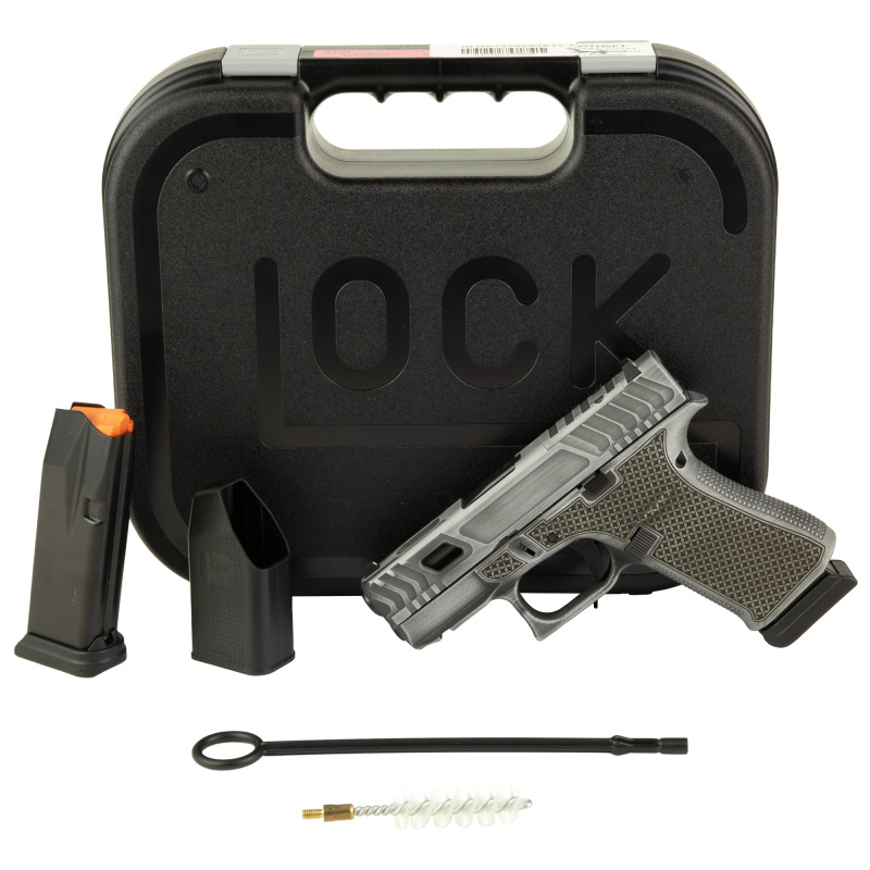 Hoth 43X, Striker Fired, Semi-automatic, Polymer Frame, Sub-Compact, 9MM, 3.41" Barrel, Custom Distressed Grey Cerakote Finish by Shark Coast Tactical, Fixed Sights, Shark Coast Tactical Greasy Cut Slide, Laser Stippled Grip, 15 Rounds, 2 Magazines UX435