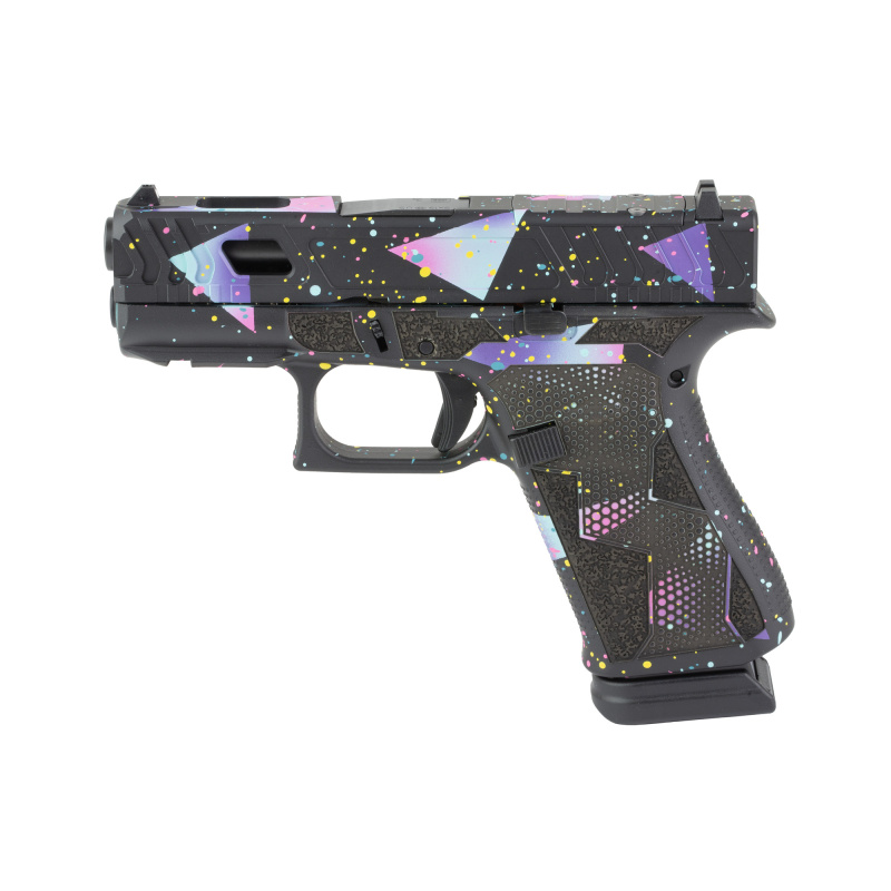 43X, 80's NIGHT, Striker Fired, Semi-automatic, Polymer Frame Pistol, Sub Compact, 9MM, 3.41" Marksman Barrel, Custom Black/Cyan/Purple Cerakote Finish by Shark Coast Tactical, No Finger Grooves, Front Serrations, Laser Stippled Grip, Fixed Sights, 15 Ro