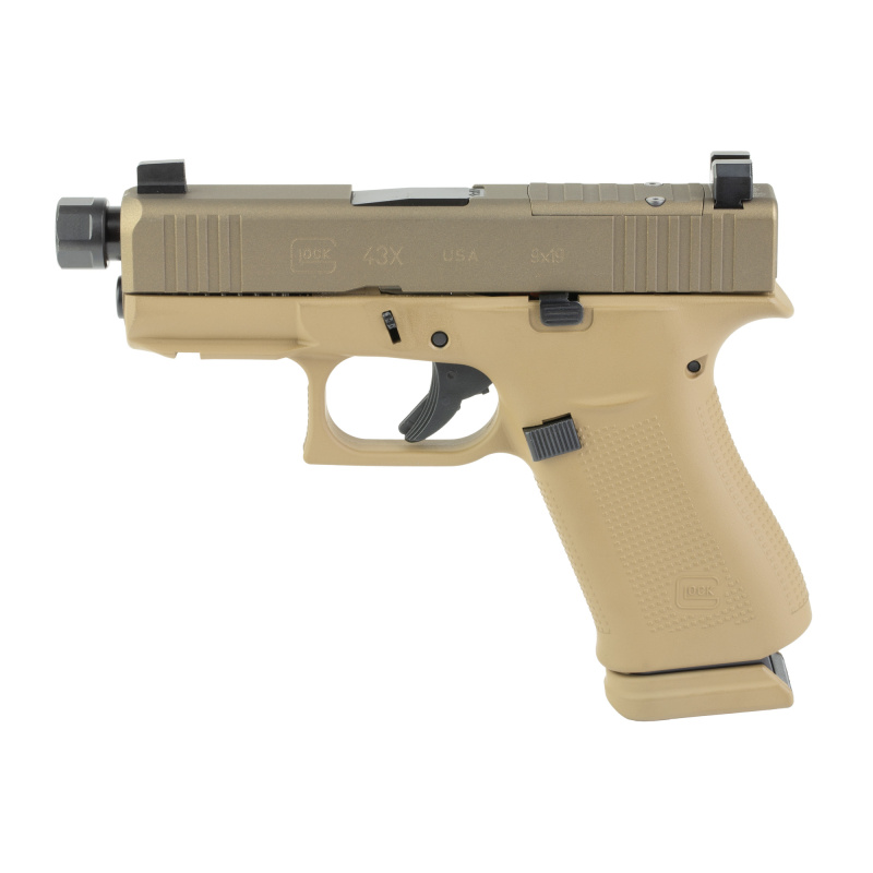 43X, Debo, Striker Fired, Semi-automatic, Polymer Frame Pistol, Sub Compact, 9MM, 3.92" Zaffiri Threaded Barrel, 1/2X28 Thread Pitch, Custom Two-Tone Flat Dark Earth Cerakote Finish By Shark Coast Tactical, Suppressor Height Sights, No Finger Grooves, Fr