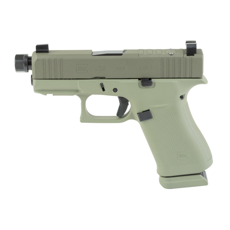 43X, Semi-automatic, Striker Fired, Polymer Frame Pistol, Sub-Compact, 9MM, 3.92" Threaded Barrel, 1/2X28 Thread Pitch, Custom Two-Toned Green Cerakote Finish by Shark Coast Tactical, Suppressor Height Sights, 15 Rounds, 2 Magazines UX4350204NR15