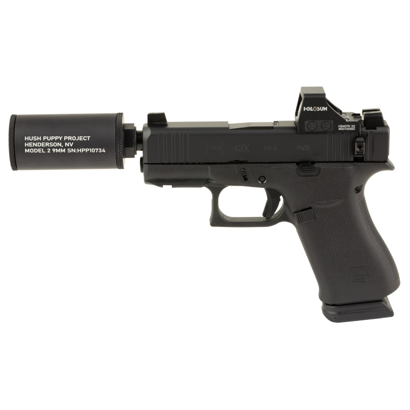 43X Hush Puppy, Semi-automatic, Striker Fired, Polymer Frame Pistol, Sub-Compact, 3.92 Threaded Barrel, 1/2X28 Thread Pitch, Black Cerakote by Shark Coast Tactical, Suppressor Height Sights, Holosun 407K Red Dot, 15 Rounds, Includes Compact Hush Puppy Pr