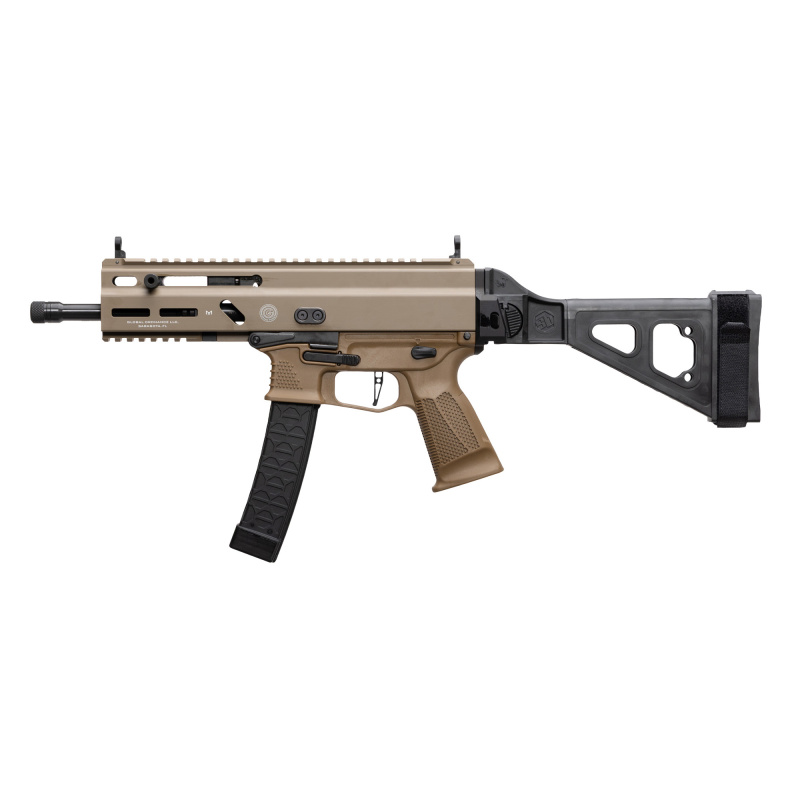 Stribog SP9A3, Semi-automatic, Striker Fired, Aluminum Frame Pistol, 9MM, 8" Threaded Barrel, 1/2X28 Thread Pitch, Ambidextrous Controls, Folding Pistol Brace, M-LOK Handguard, Matte Finish, Flat Dark Earth, 30 Rounds, 3 Magazines 197892029957