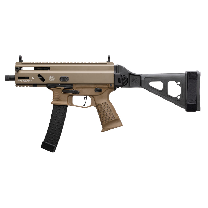 Stribog SP9A3S, Semi-automatic, Striker Fired, Aluminum Frame Pistol, 9MM, 5" Threaded Barrel, 1/2X28 Thread Pitch, Ambidextrous Controls, Folding Pistol Brace, M-LOK Handguard, Matte Finish, Flat Dark Earth, 30 Rounds, 3 Magazines 197892029971