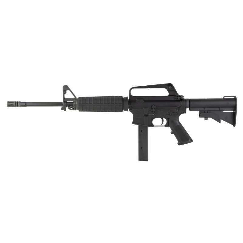 635, Semi-automatic, AR, 9MM, 16" Threaded Barrel, 1/2X28 Thread Pitch, Anodized Finish, Black, A2 Pistol Grip, CAR-15 Style Stock, Carry Handle Iron Sights, 32 Rounds, 1 Magazine HR51655152852