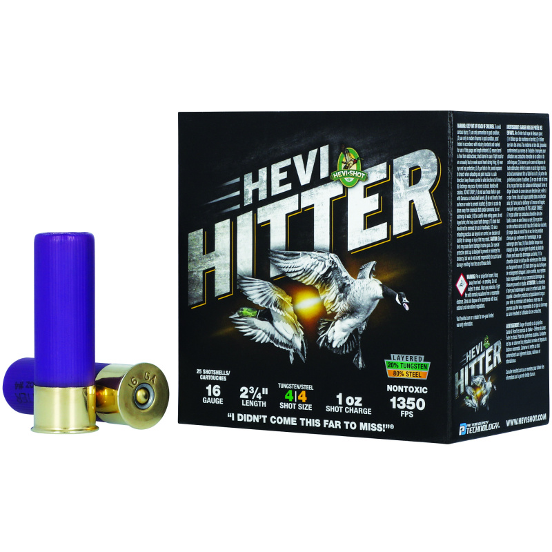 HEVI-Hitter, 16 Gauge, 2.75", #4, Max Dram, 1oz, Tungsten/Steel, 25 Rounds per Box HS29164