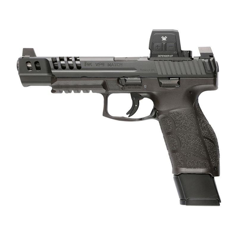 VP9A1 Match, Semi-automatic, Striker Fired, Polymer Frame Pistol, Full Size, 9MM, 5.51" Barrel, Matte Finish, Black, Interchangeable Grips, Blacked Out Serrated Front and Rear Sights, Trigger Safety, 10 Rounds, 2 Magazines, Includes (6)-Grip Panels, (5)-