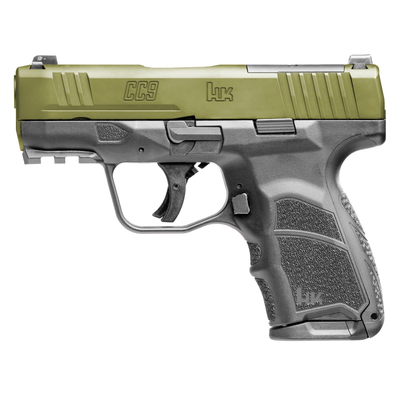 CC9, Semi-automatic, Striker Fired, Polymer Frame Pistol, Sub-Compact, 9MM, 3.32" Barrel, Cerakote Finish, Black Frame, Cerakote Bazooka Green Slide, Front Night Sight, 12 Rounds, (1)-12 Round and (1)-10 Round Magazine 81001401