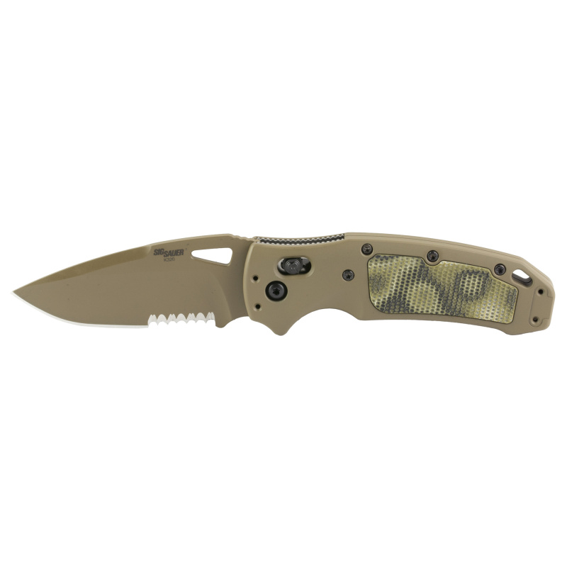 SIG K320 AXG Scorpion, Folding Knife, Cerakote Finish, Tan, Drop Point, 3.5" Blade Length, CPM-S30V Blade Steel, Combo Edge, ABLE Lock, Green G-10 Inserts with Mini Piranha Texture 36378