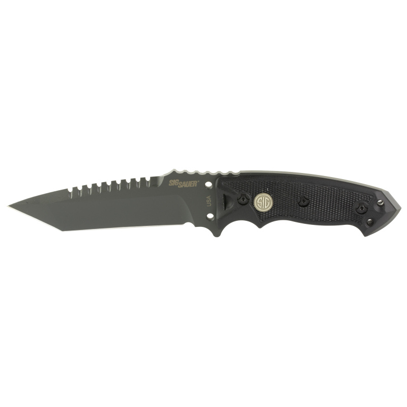 Sig EX-F01 Tactical, Fixed Blade Knife, Cerakote Finish, Gray, Black G10 Handle, Tanto Point, Plain Edge with Saw Back, 5.5" Blade Length, Includes Automatic Retention Sheath with Torx Tool 37122